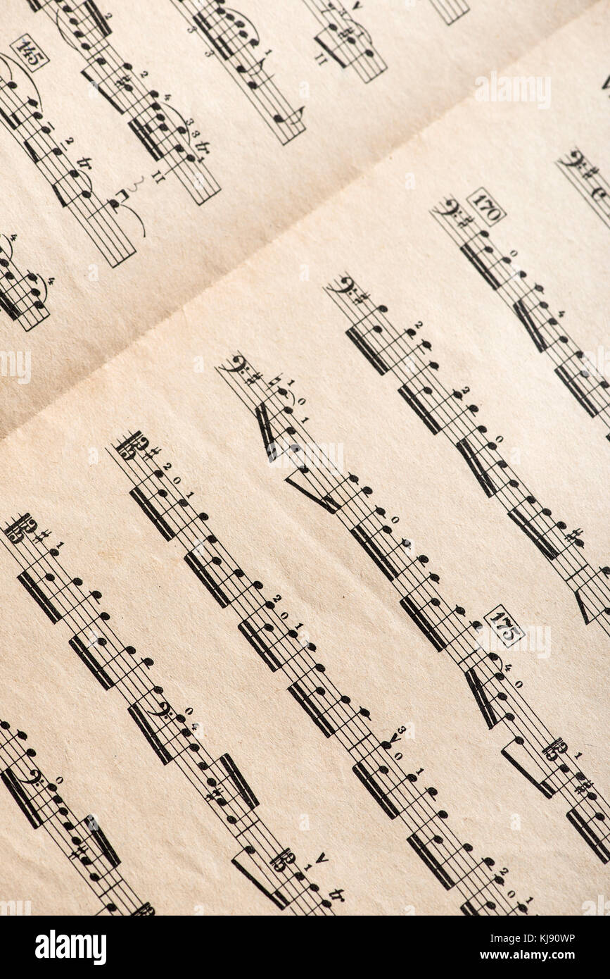 Music notation book. Page with music notes. Vinatge pages Stock Photo