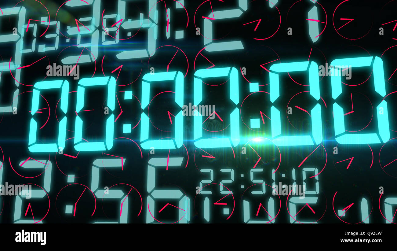 A multilayered 3d illustration of a timer with flashing digits of hours, minutes, seconds, microseconds. The numbers are placed in the black backgroun Stock Photo