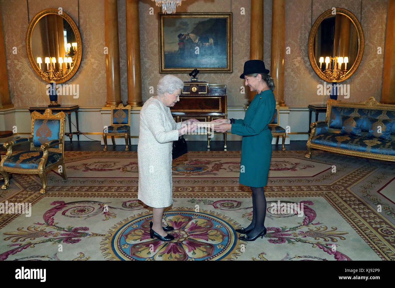 Queen Elizabeth II (left) meets Her Excellency Ms Tiina Intelmann from the Republic of Estonia during a private audience at Buckingham Palace in central London. Stock Photo