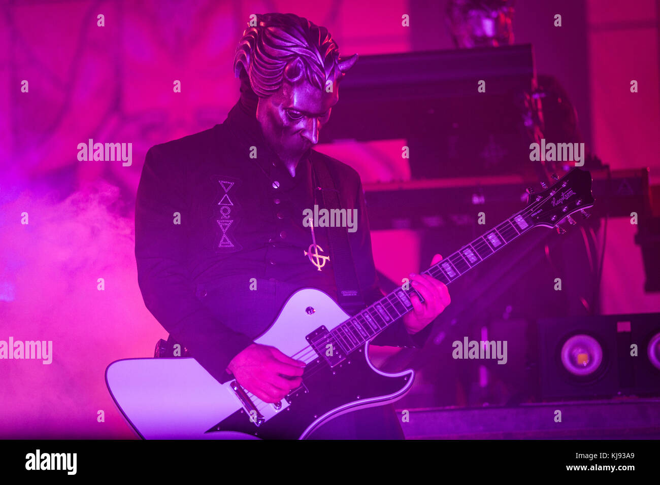 Denmark, Valby - April 26, 2017. The Swedish doom metal band Ghost performs a live concert at Valbyhallen. Except for the vocalist, Papa Emeritus, all band members are refereed to as Nameless Ghouls (pictured). (Photo credit: Gonzales Photo - Thomas Rasmussen). Stock Photo