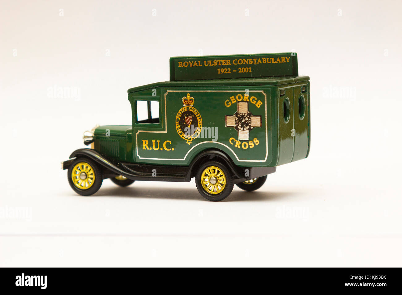 A die cast model of an old Ford Van in the livery of the now disbanded Royal Ulster Constabulary the only armed police force in the United Kingdom Stock Photo