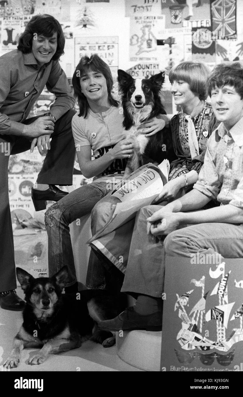 Pop singer David Cassidy appears on BBC TV's 'Blue Peter' alongside presenters (l-r) Peter Purves, Lesley Judd and John Noakes. Stock Photo