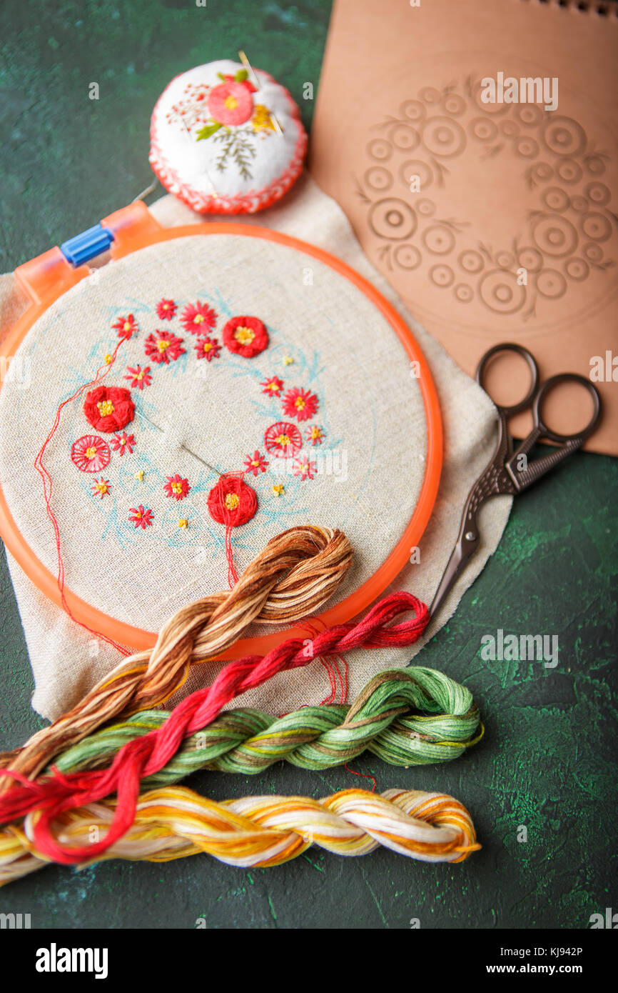 Set with embroidery in the process, the embroidery frame, linen cloth