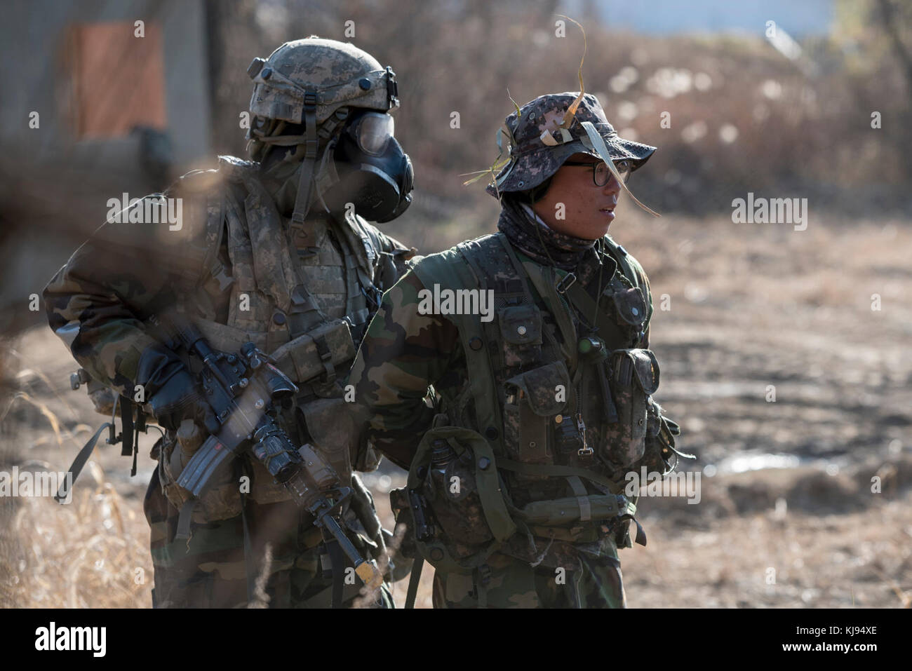 TWIN BRIDGES, Republic of Korea – A Soldier from Company C, 1st Battalion, 9th Cavalry Regiment, 2nd Armored Brigade Combat Team, 1st Cavalry Division apprehends a Republic of Korea (ROK) Army Soldier acting as the opposing force (OPFOR) during Suho Lightening; a combined training exercise with the Republic of Korea Army and 1-9 Cav. on November 15, 2017. 2ABCT conducted live training exercises in conjunction with Warfighter 18-02; a peninsula wide simulated, division-level training exercise incorporating U.S. and Korean armies. Stock Photo