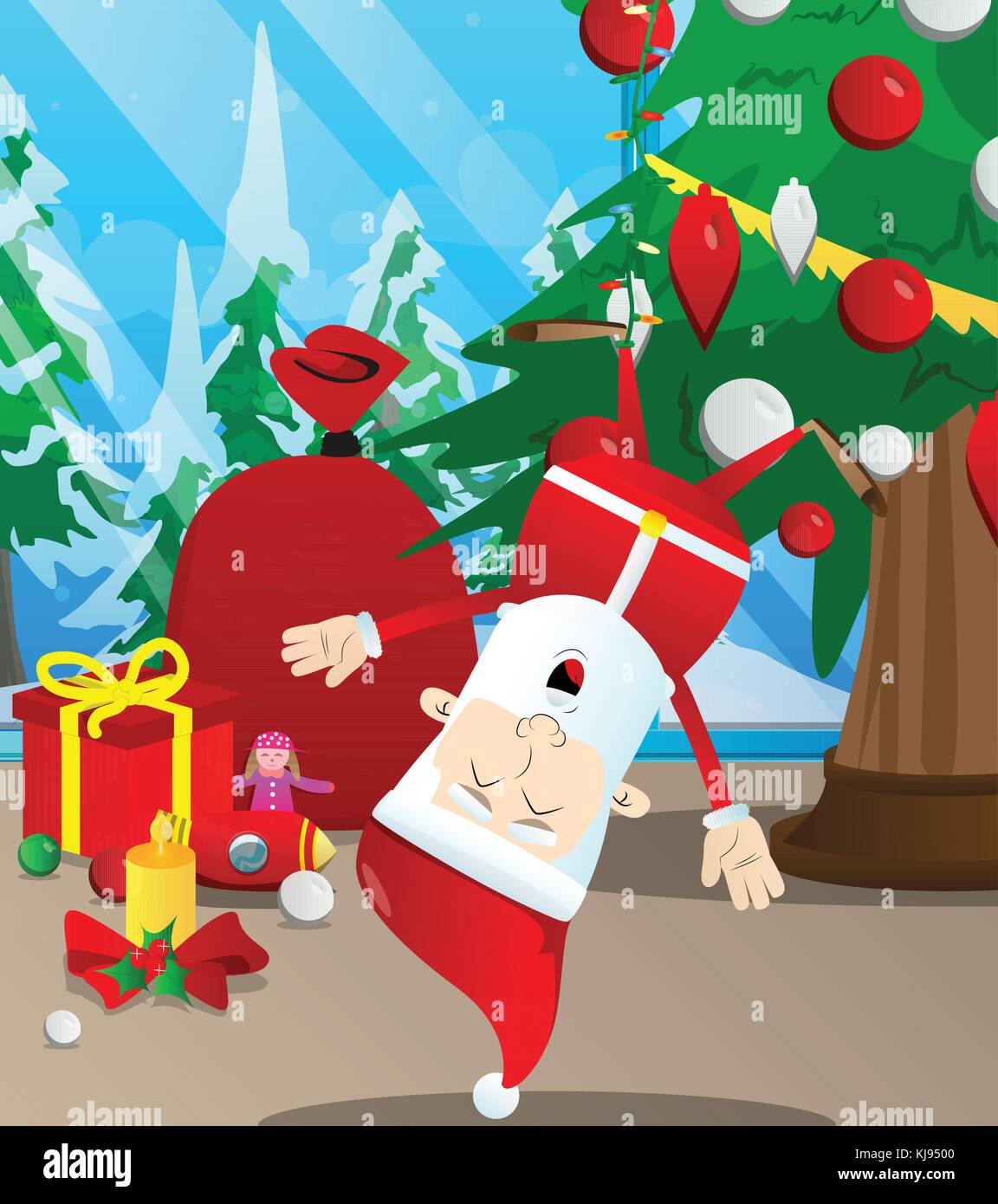 Santa Claus hanging upside down from a Christmas tree. Vector cartoon ...