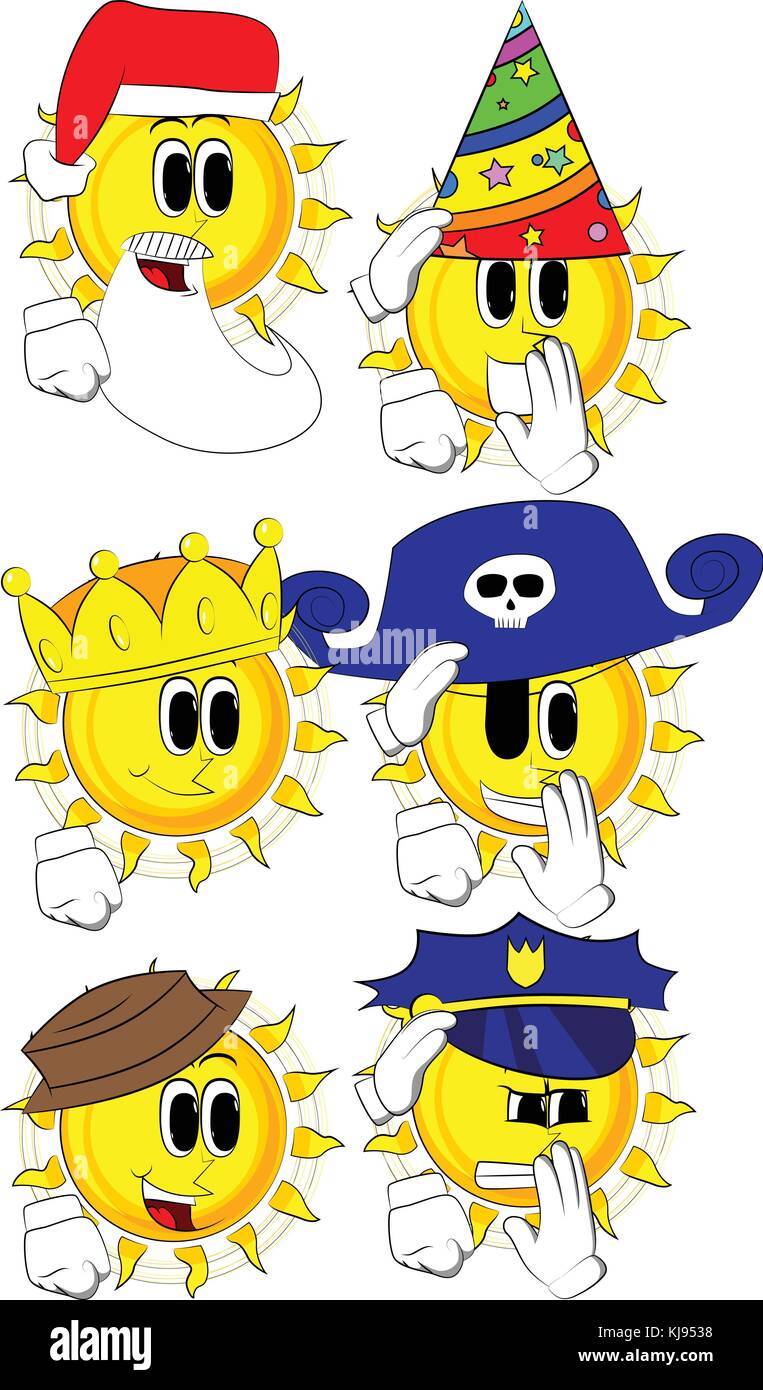 Cartoon sun comforting another sun. Collection with costume. Expressions vector set. Stock Vector