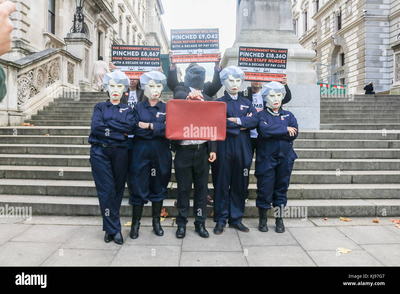London, UK. 22nd Nov, 2017. GMB Union members  dressed as 'Theresa May' Maybot  memes protest against government austerity and public sector pay cuts as Chancellor Philip Hammond prepares to deliver his budget to Parliament Credit: amer ghazzal/Alamy Live News Stock Photo