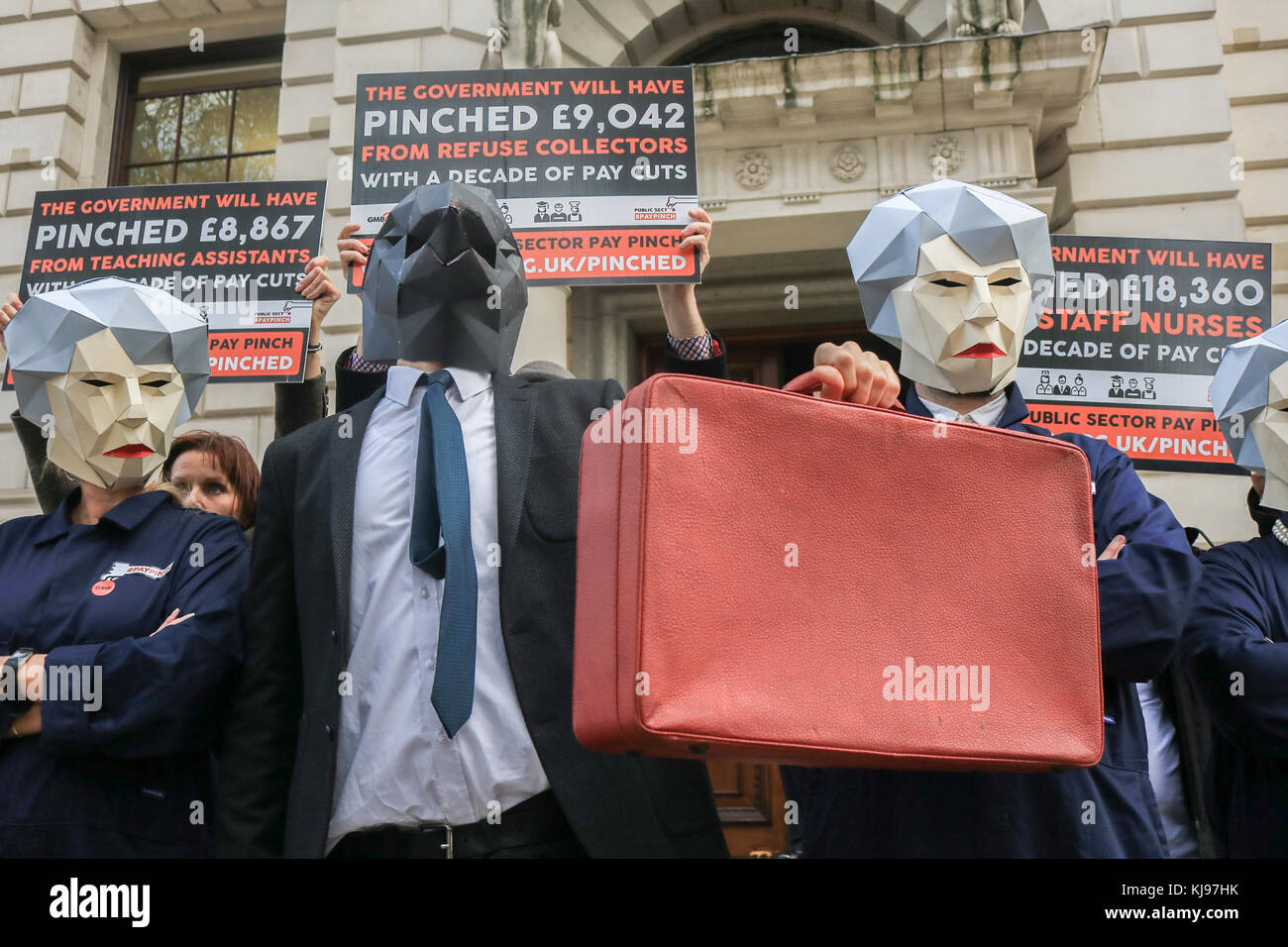 London, UK. 22nd Nov, 2017. GMB Union members  dressed as 'Theresa May' Maybot  memes protest against government austerity and public sector pay cuts as Chancellor Philip Hammond prepares to deliver his budget to Parliament Credit: amer ghazzal/Alamy Live News Stock Photo