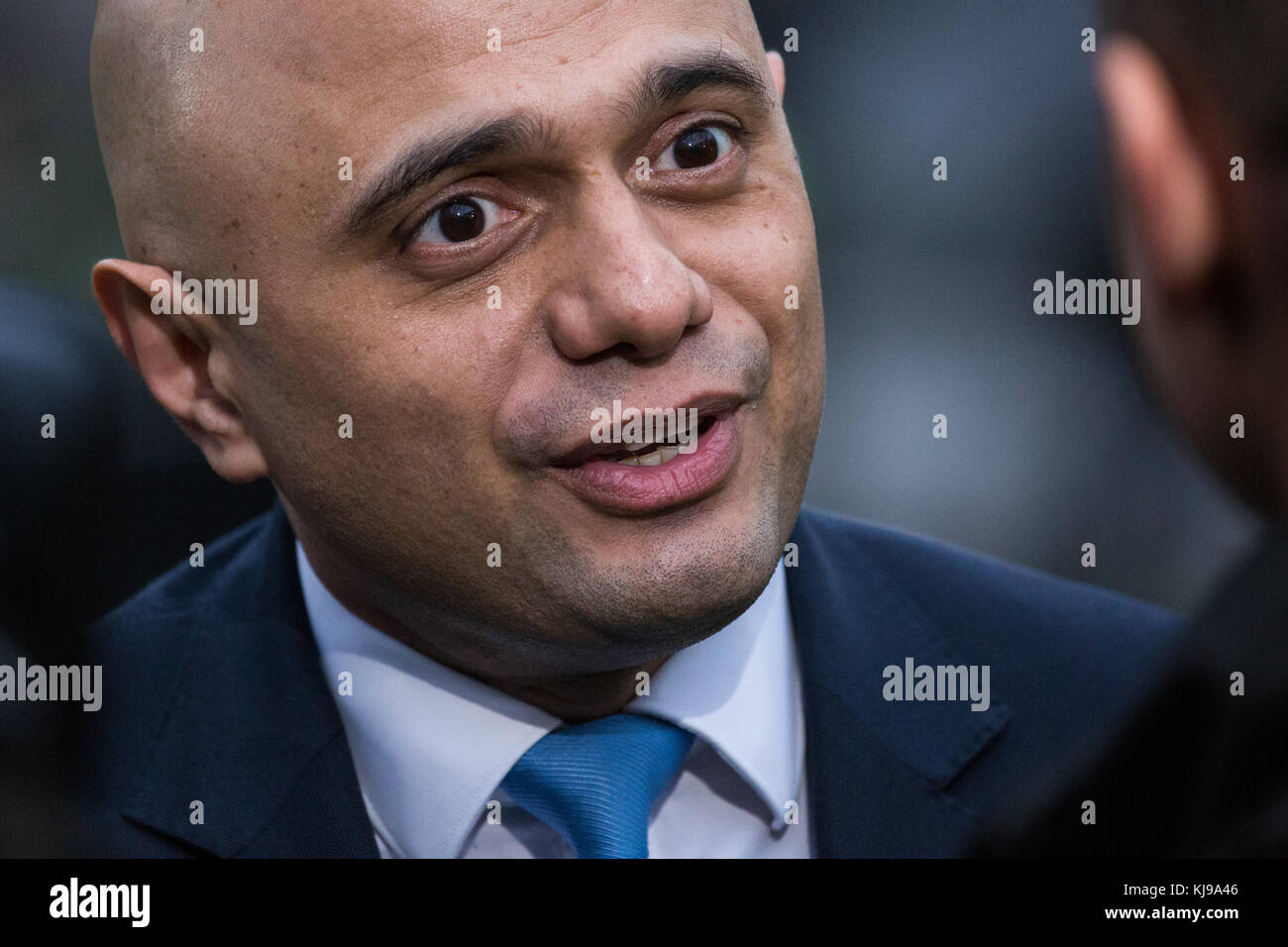 London, UK. 22nd November, 2017. Sajid Javid MP, Secretary of State for Communities and Local Government, gives his opinion on Chancellor of the Exchequer Philip Hammond's Budget announcement during an interview with broadcast media on College Green. Credit: Mark Kerrison/Alamy Live News Stock Photo