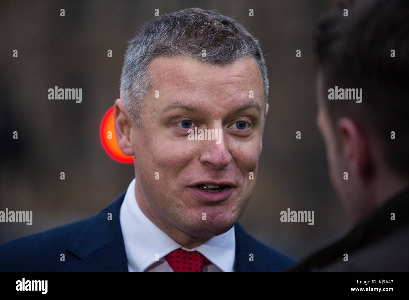 London, UK. 22nd November, 2017. Luke Pollard, Labour & Co-operative MP for Plymouth, Sutton and Devonport, gives his opinion on Chancellor of the Exchequer Philip Hammond's Budget announcement during an interview with broadcast media on College Green. Credit: Mark Kerrison/Alamy Live News Stock Photo