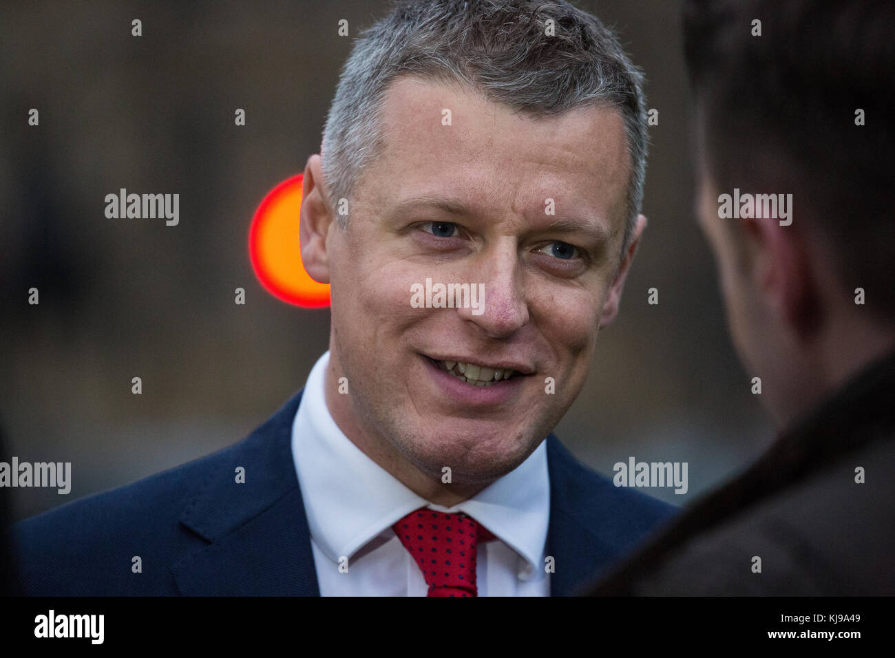 London, UK. 22nd November, 2017. Luke Pollard, Labour & Co-operative MP for Plymouth, Sutton and Devonport, gives his opinion on Chancellor of the Exchequer Philip Hammond's Budget announcement during an interview with broadcast media on College Green. Credit: Mark Kerrison/Alamy Live News Stock Photo