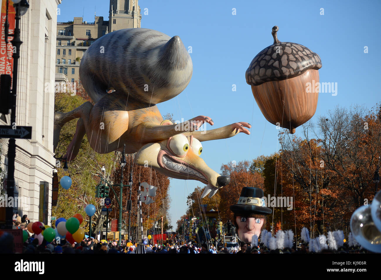 New York, USA. 23rd November, 2017. Ice Age's Scrat & His Acorn balloon floats down Central Park West during the 91st Annual Macy's Thanksgiving Day Parade on November 22, 2017 in New York City. Credit: Erik Pendzich/Alamy Live News Stock Photo