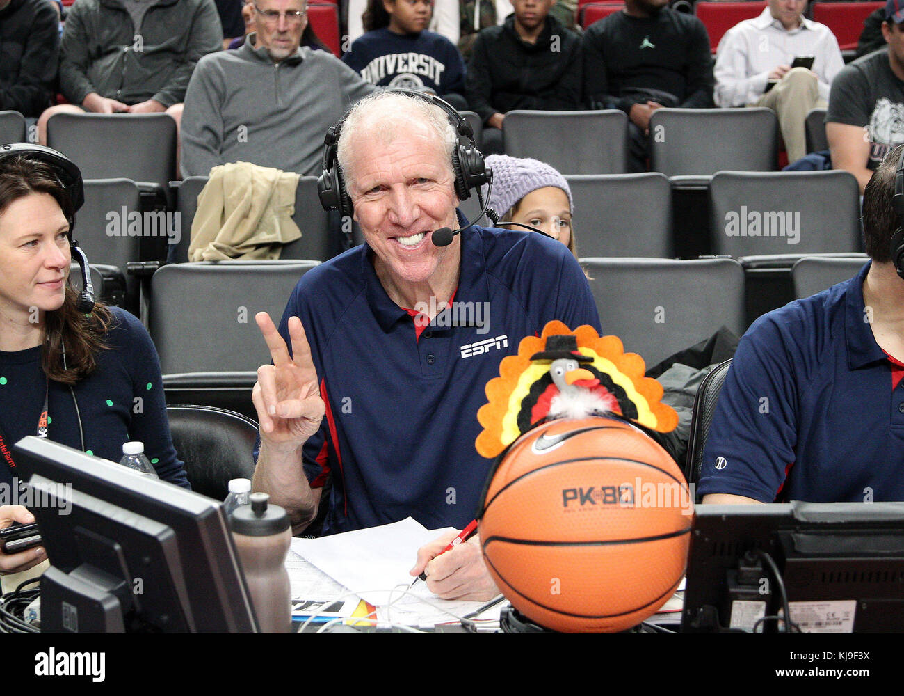 November 23, 2017: Bill Walton at the announcers table prior to the start  of the first game of the PK80 NCAA basketball game between the North  Carolina Tar Heels and the Portland