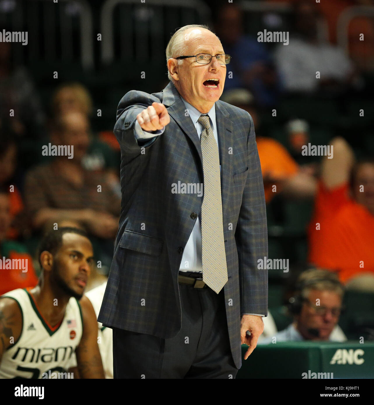Coral Gables, Florida, USA. 16th Nov, 2017. Miami Hurricanes head coach Jim Larranaga directs his team during the NCAA men's basketball game between the Florida A&M Rattlers and the University of Miami Coral Gables, Florida, USA. 16th Nov, 2017. Miami Hurricanes head coach Jim Larranaga directs his team during the NCAA men's basketball game between the Florida A&M Rattlers and the University of Miami