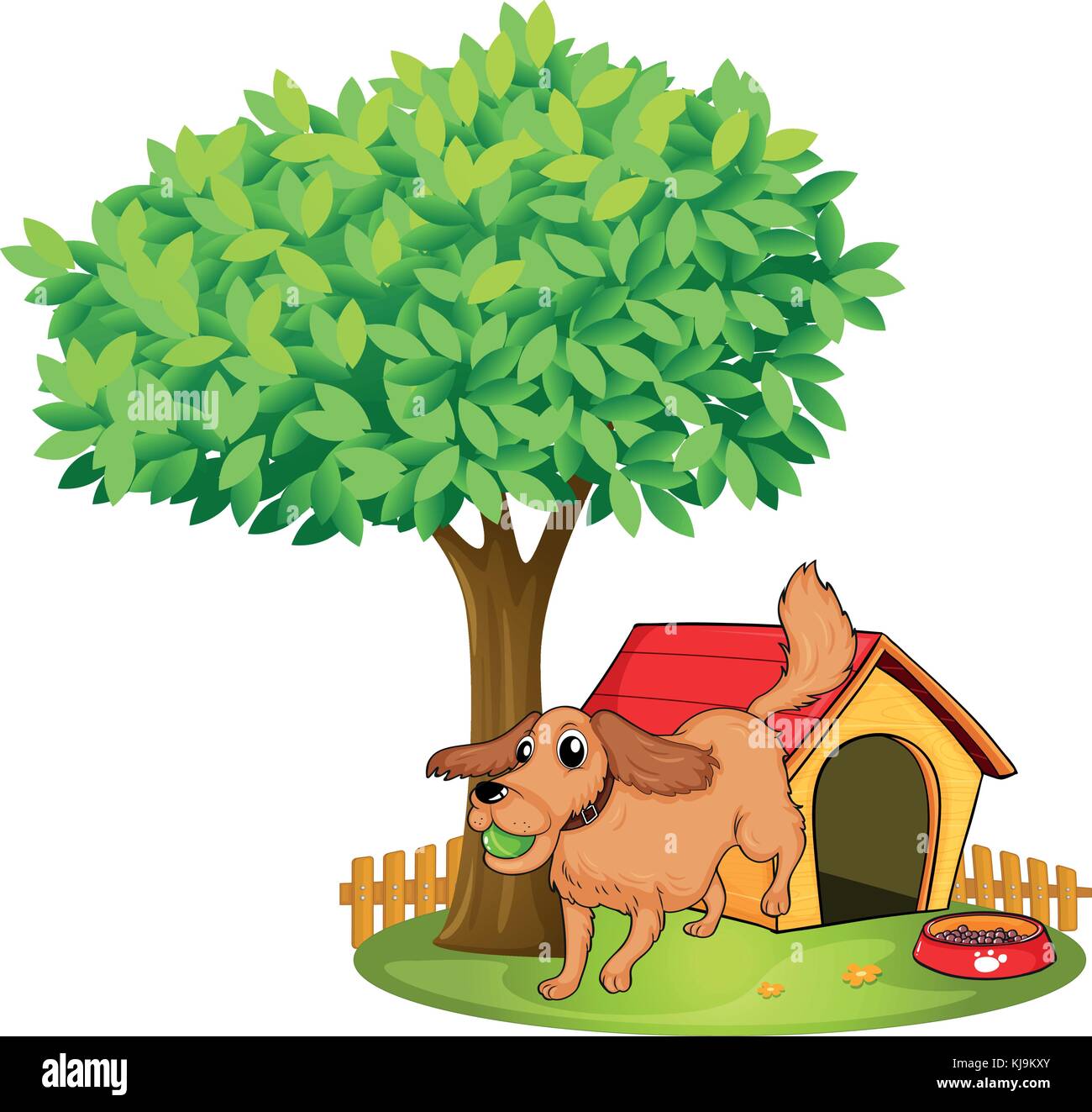 Illustration of a dog playing beside a doghouse under a tree on a white ...