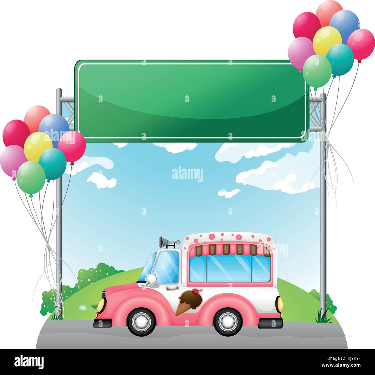 Illustration of a pink ice cream bus near an empty green board on a white background Stock Vector