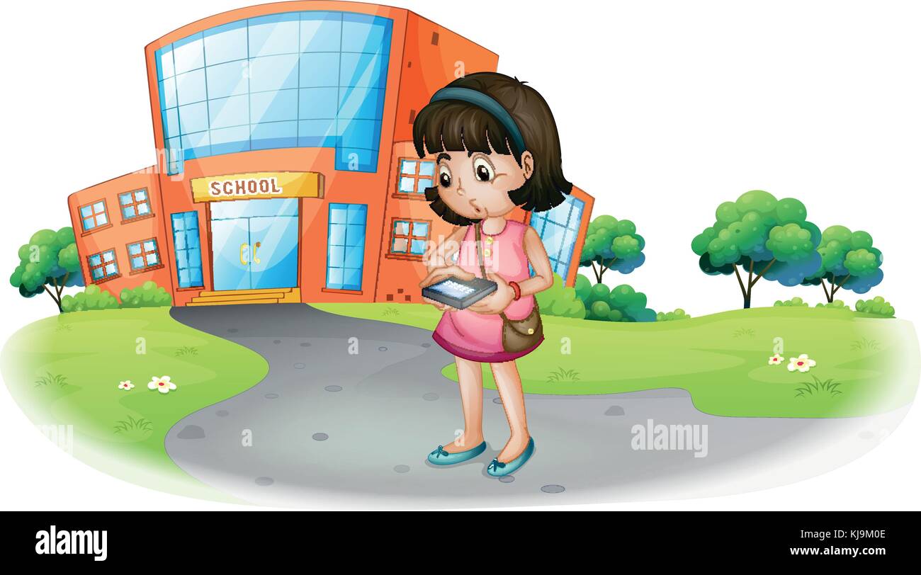 Illustration of a young girl texting in front of a school building on a ...