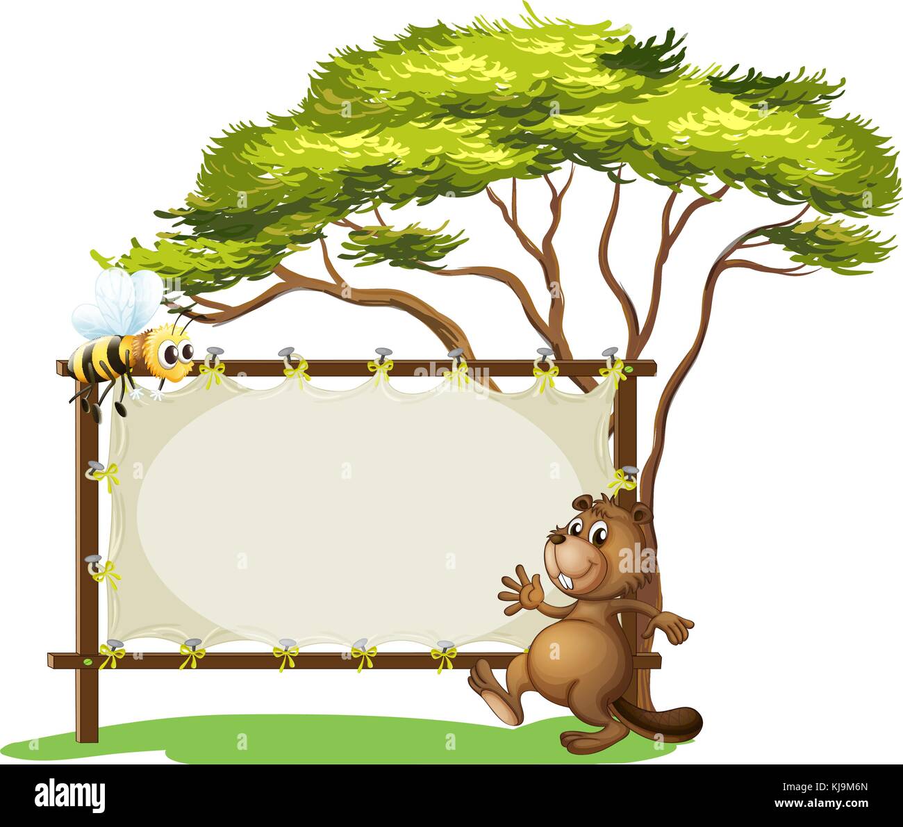 Illustration of a beaver beside an empty ad space on a white background ...