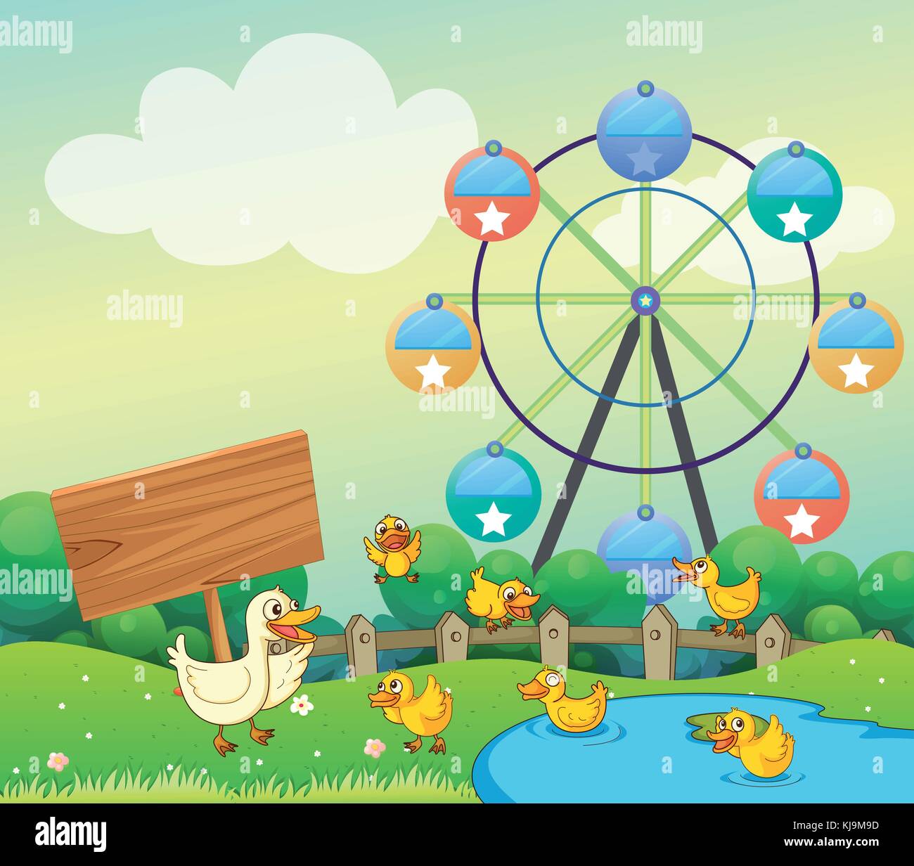Illustration of a mother duck and her kids beside an empty signage ...