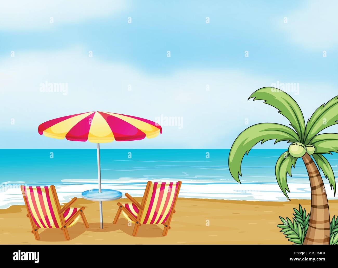Illustration of the beach with an umbrella and chairs Stock Vector ...