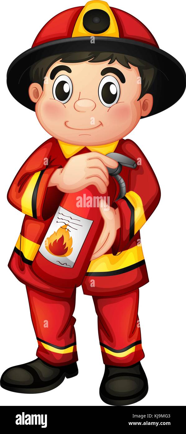 Illustration of a fireman holding a fire extinguisher on a white ...