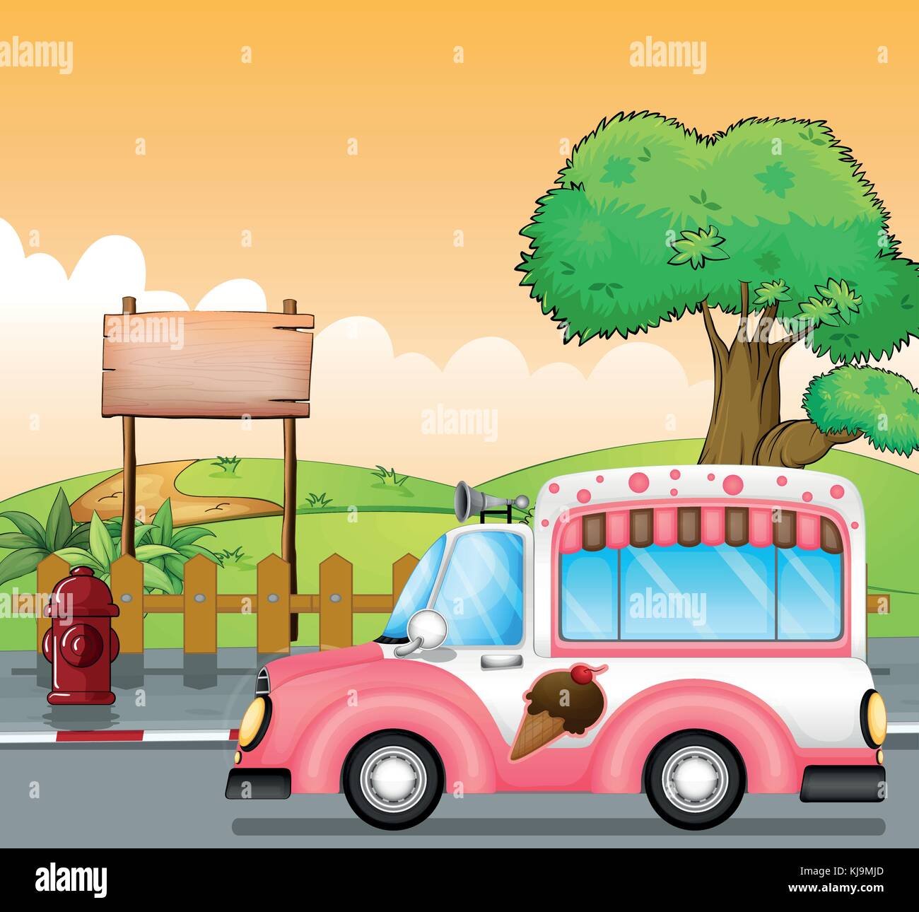 Illustration of a pink ice cream bus and an empty board Stock Vector
