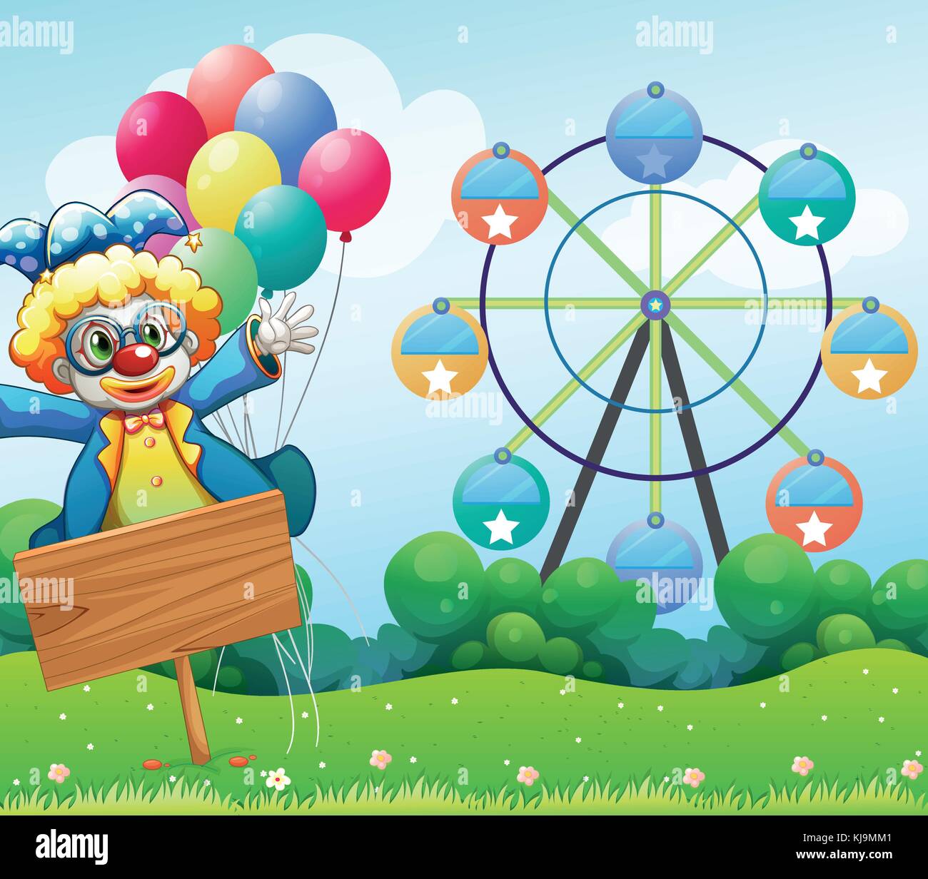 Illustration of a clown with balloons and the empty signage Stock ...