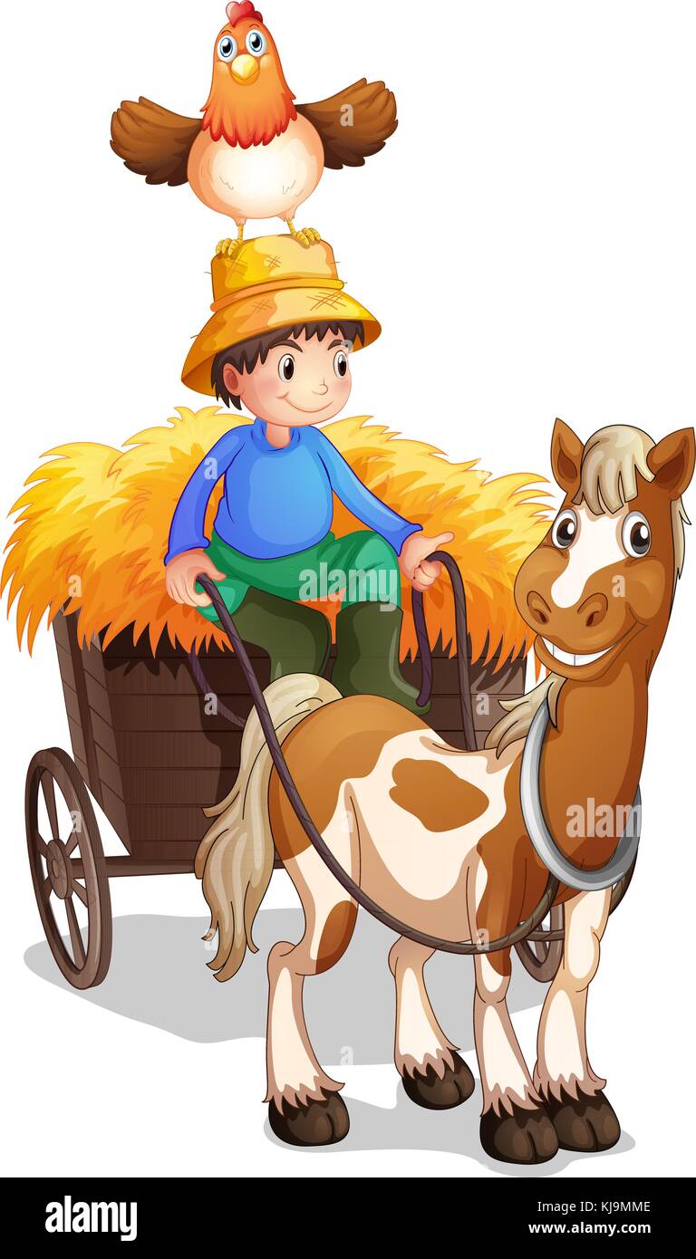 Illustration of a farmer riding a cart with a chicken above his head on ...