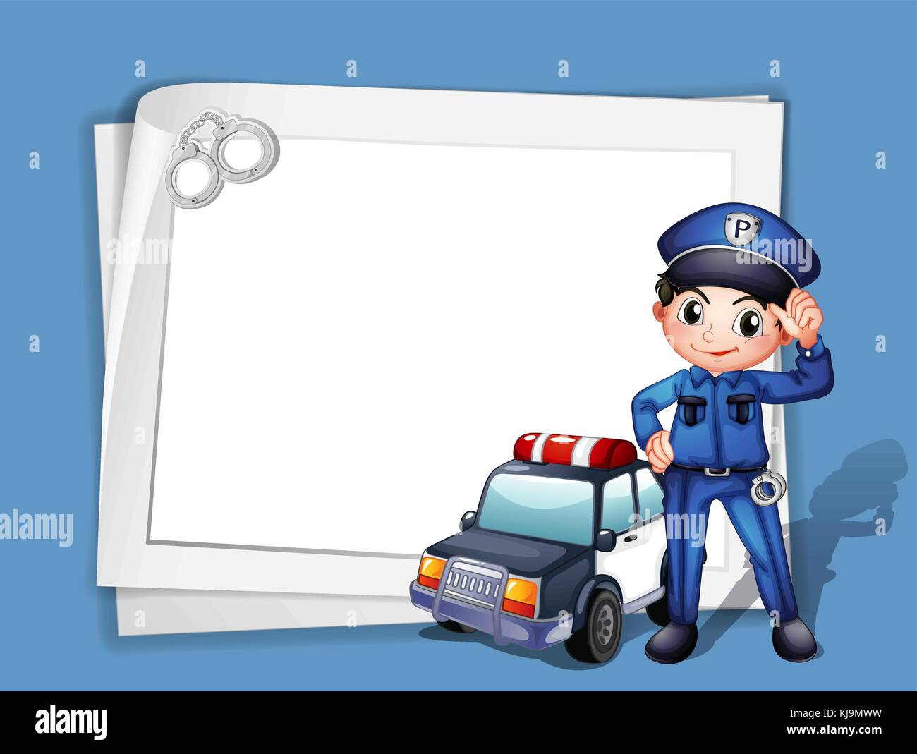 Illustration of a policeman beside a police car on a blue background Stock  Vector Image & Art - Alamy