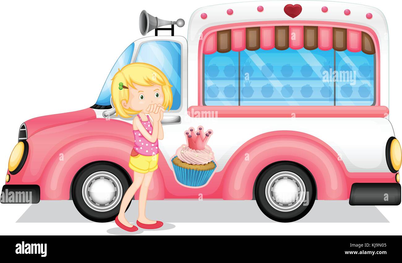 Illustration of a young girl beside the pink bus on a white background Stock Vector