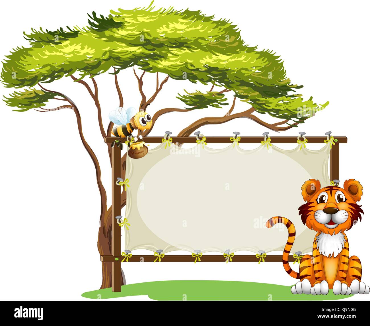 Illustration of a blank signage with a tiger and a bee on a white ...