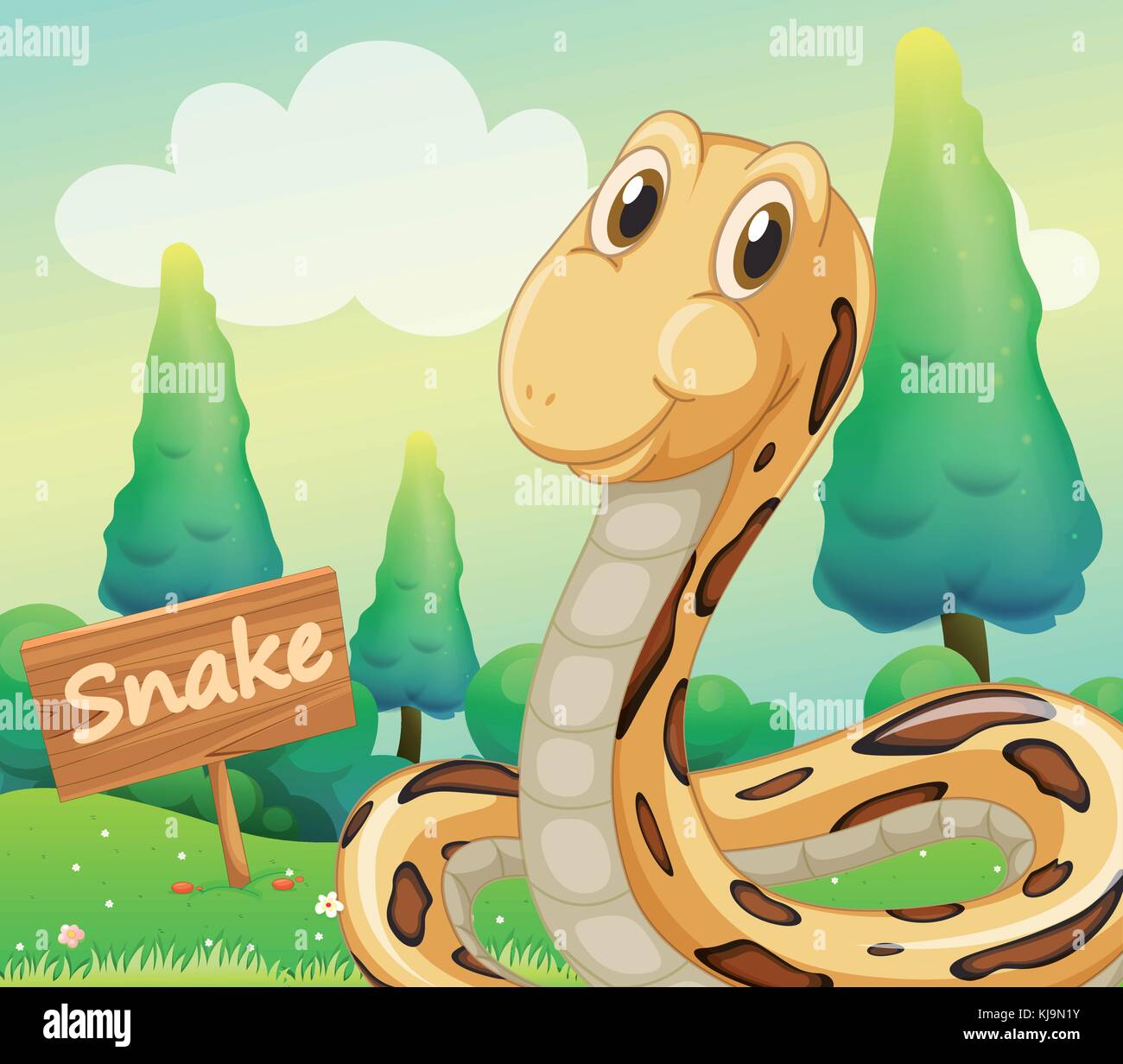 Illustration of a snake beside a wooden signage Stock Vector