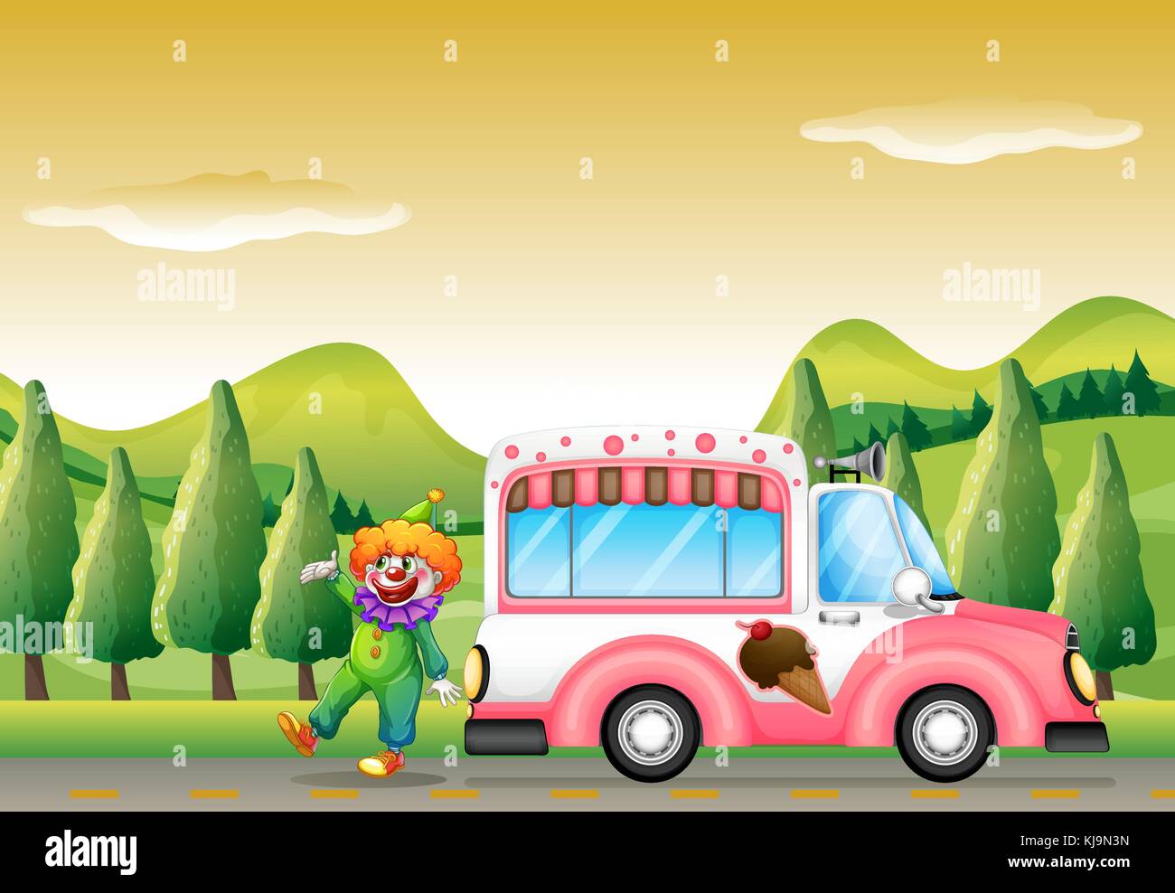 Illustration of the clown and the pink icecream bus Stock Vector