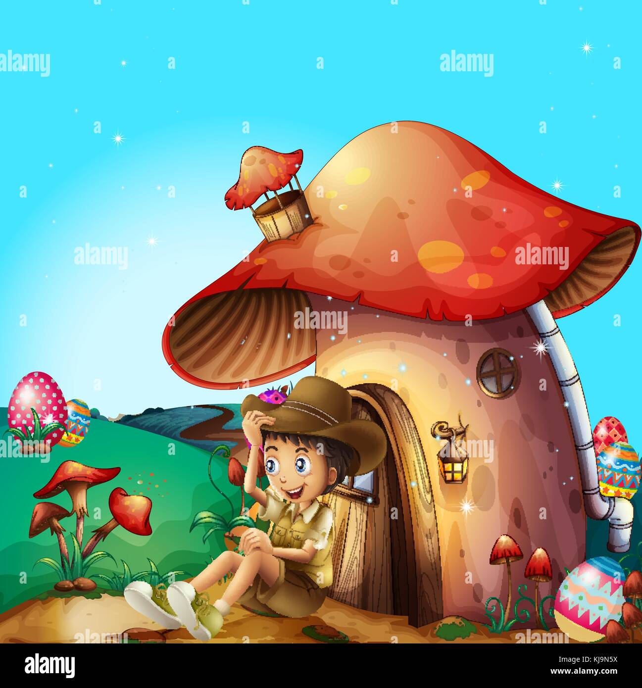 Illustration of a boy at his mushroom house Stock Vector