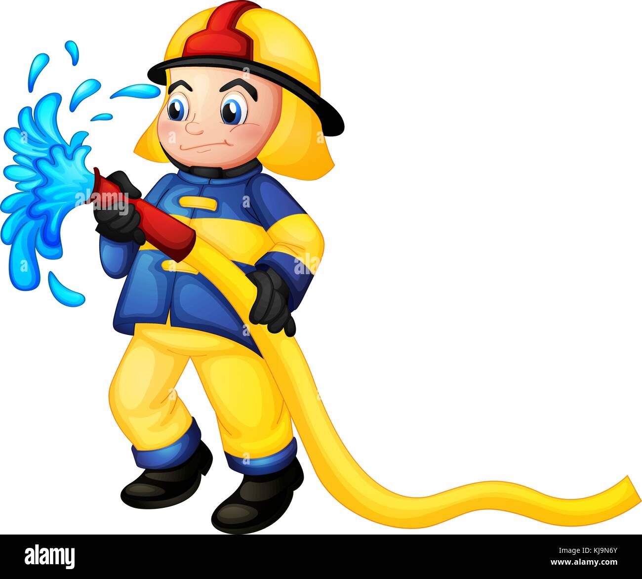 Illustration of a fireman holding a yellow water hose on a white background Stock Vector