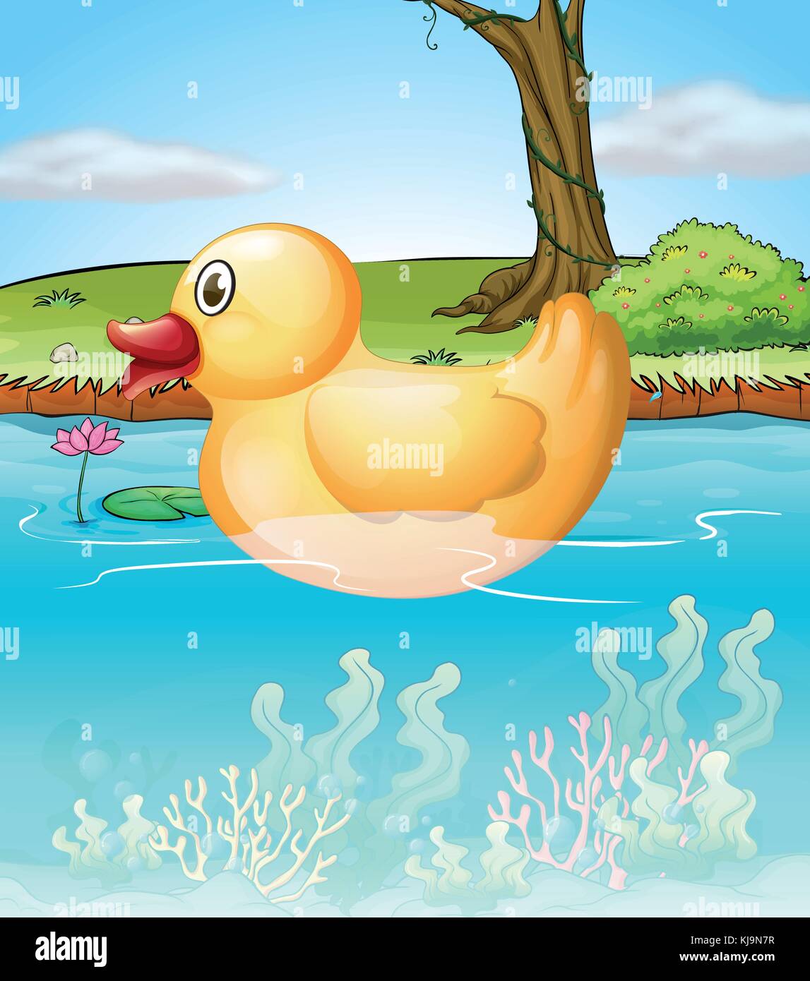 Illustration of the yellow toy duck in the pond Stock Vector Image