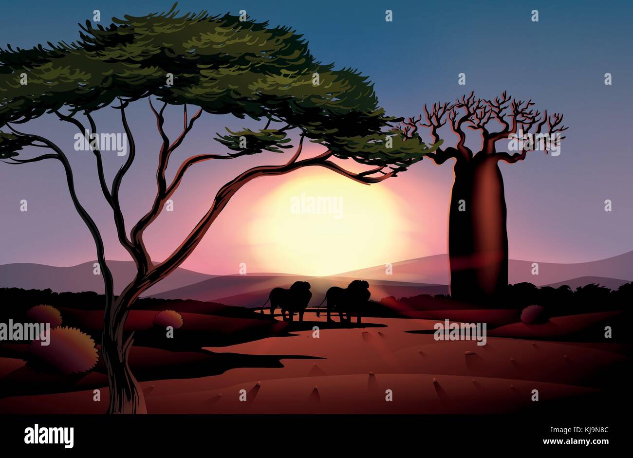 Illustration of a desert with a sunset view Stock Vector Image & Art ...