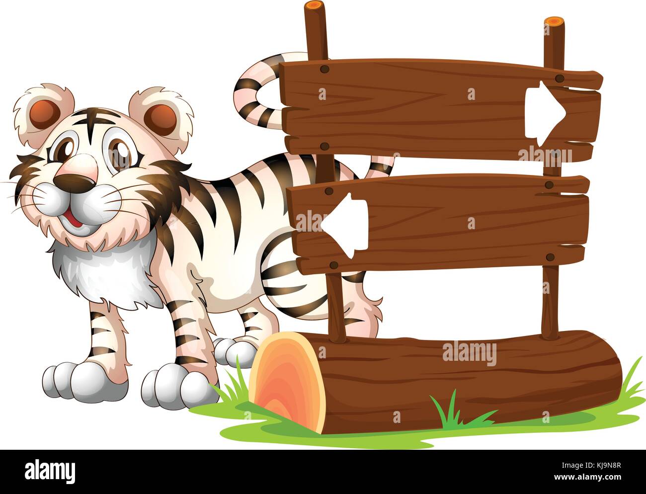Illustration of a tiger at the back of a wooden signboard on a white ...