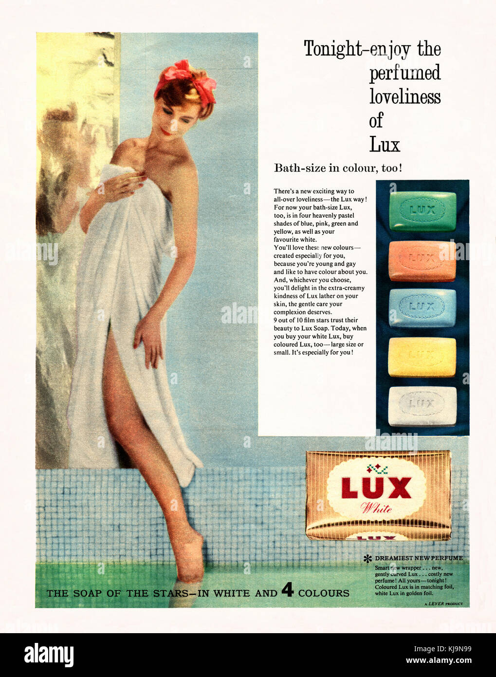 An advert for Lux soap bars. It appeared in a magazine published in the UK in 1959 and features a woman wrapped in a bathtowel and one foot in her bath Stock Photo