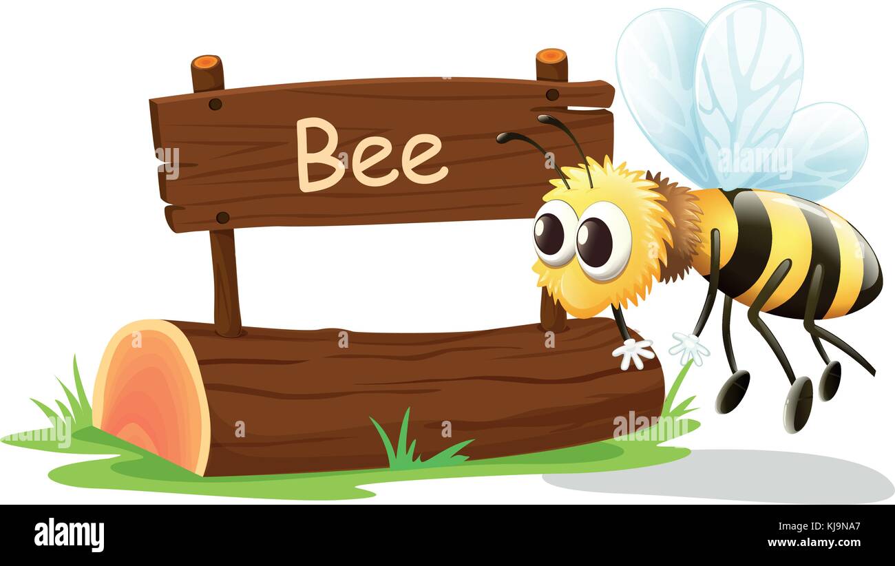 Illustration of a wooden signboard with a flying bee on a white ...