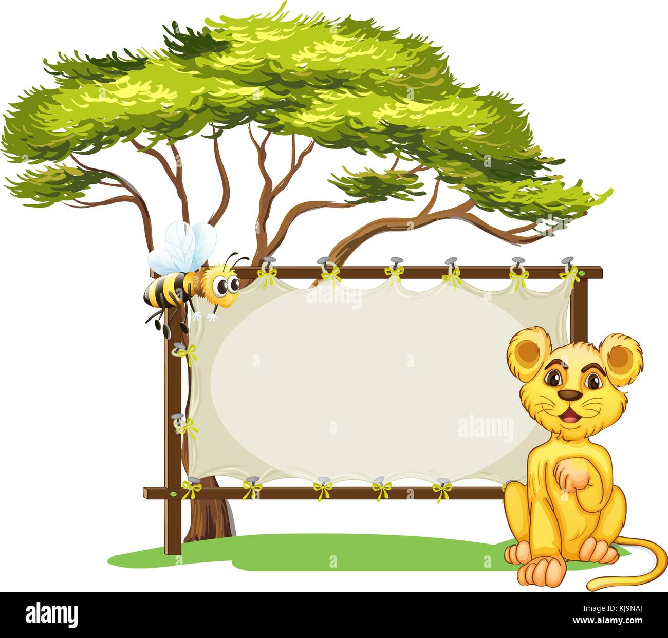 Illustration of a young animal and a bee beside the empty signage on a ...