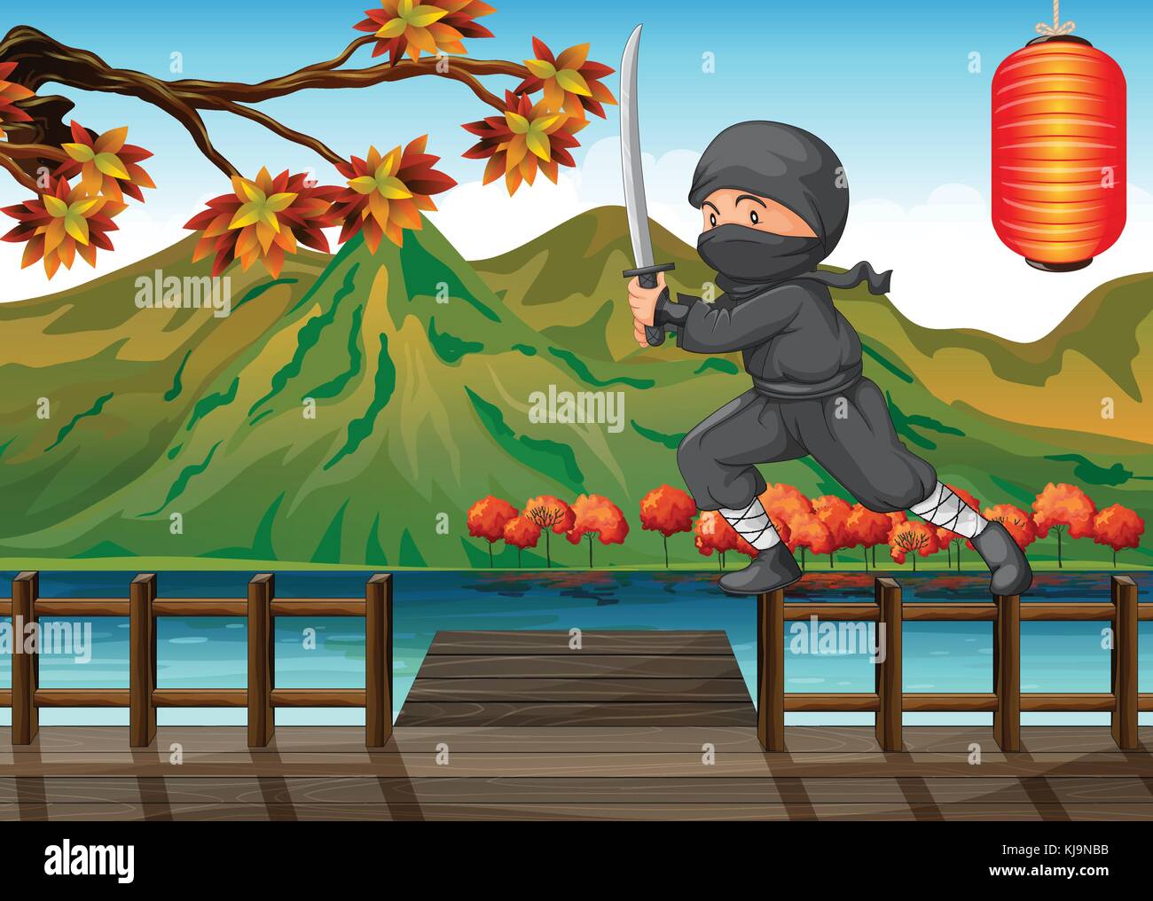 Illustration of a gray ninja at the seaport Stock Vector