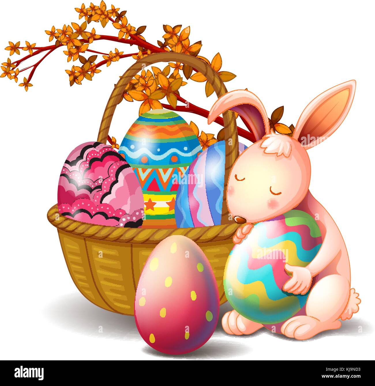 Illustration of a basket full of eggs and a rabbit on a white ...