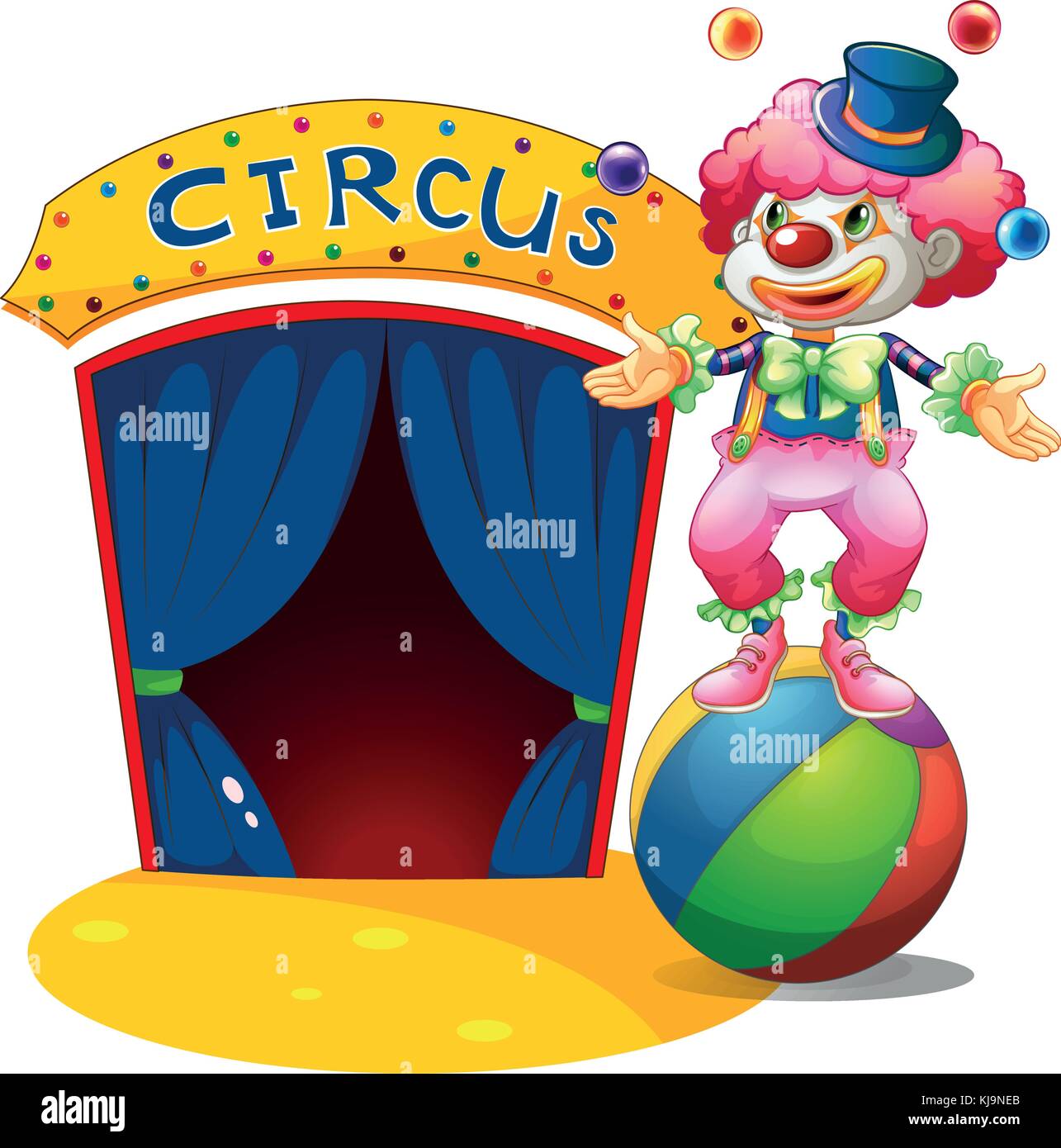Illustration of a clown at the top of a stripe ball on a white ...