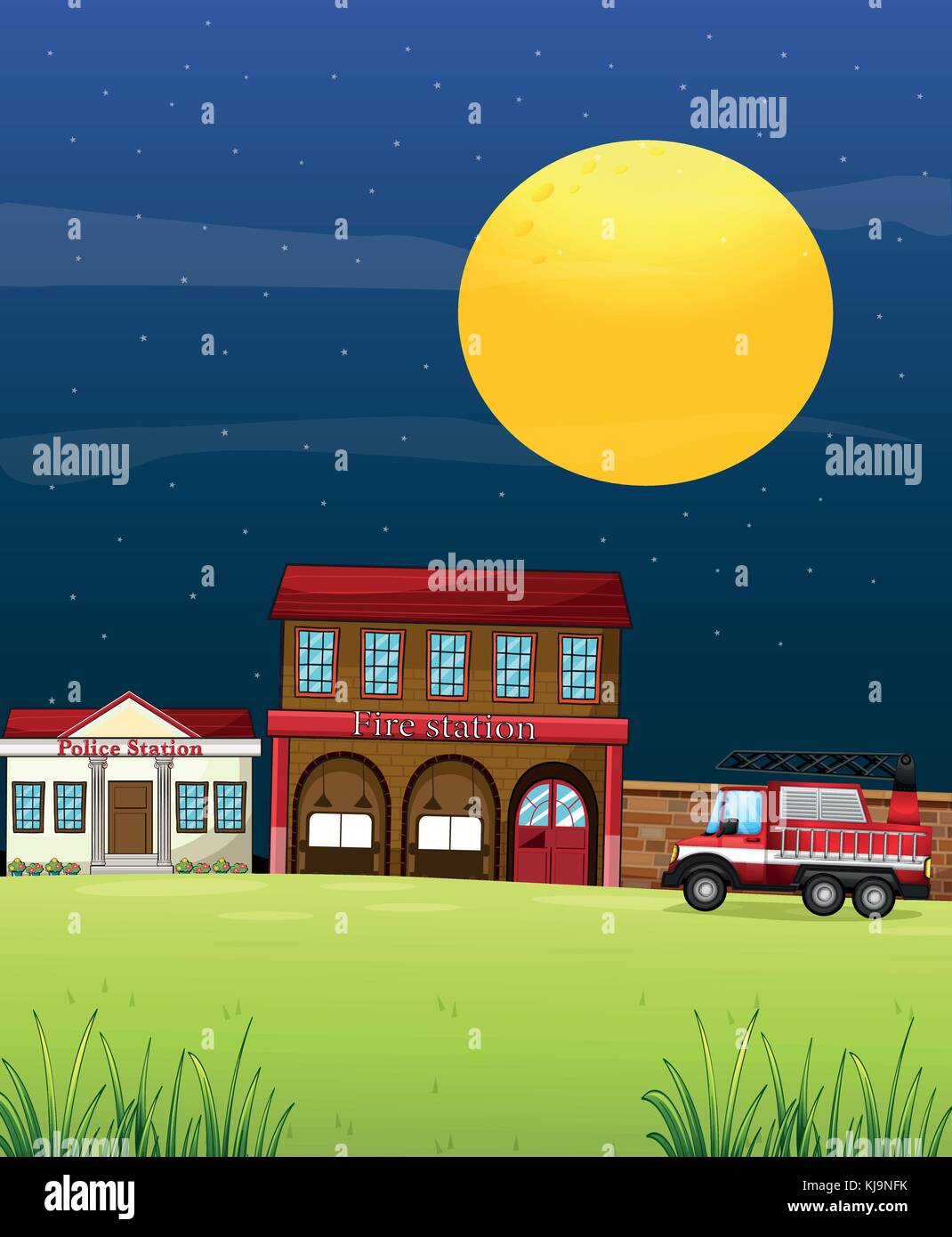 Illustration Of A Police Station Beside The Fire Station With A Fire