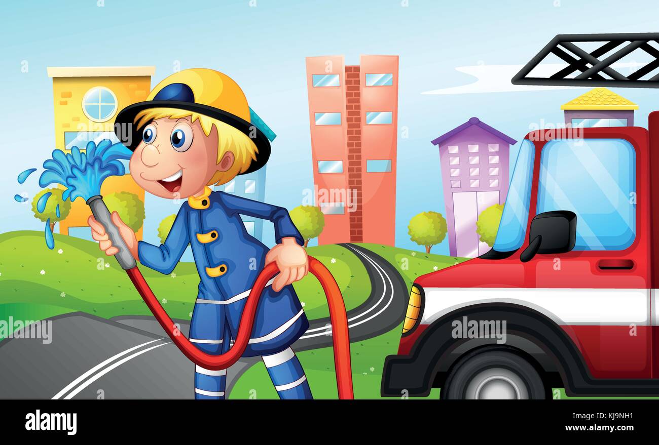 Illustration of a fireman with a hose at the street Stock Vector Image ...