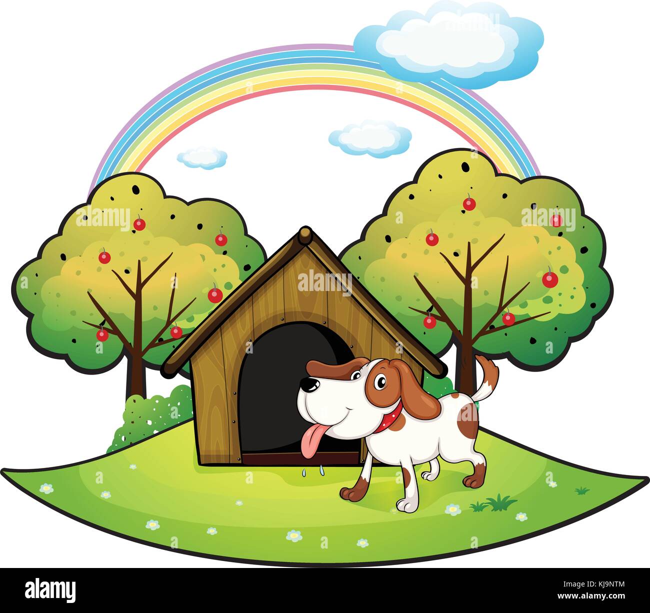 Illustration of a dog with a dog house near an apple tree on a white