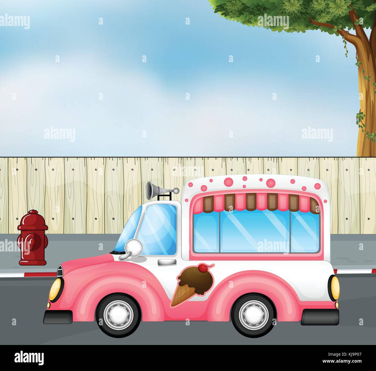 Illustration of a pink ice cream bus at the road Stock Vector