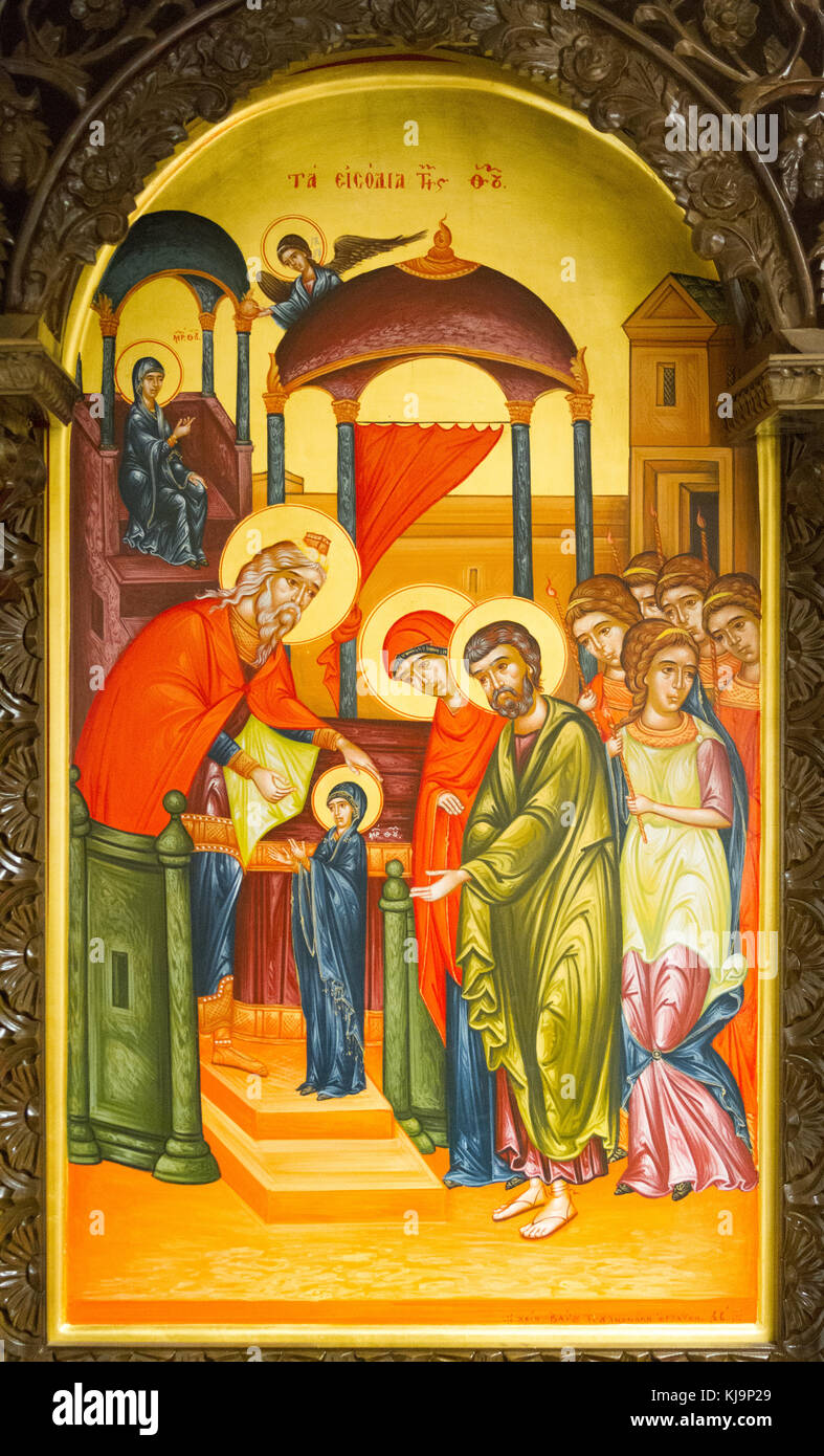 Icon of the Presentation of the Blessed Virgin Mary or also called The Entry of the Most Holy Theotokos into the Temple in the Orthodox Chapel at Zav Stock Photo