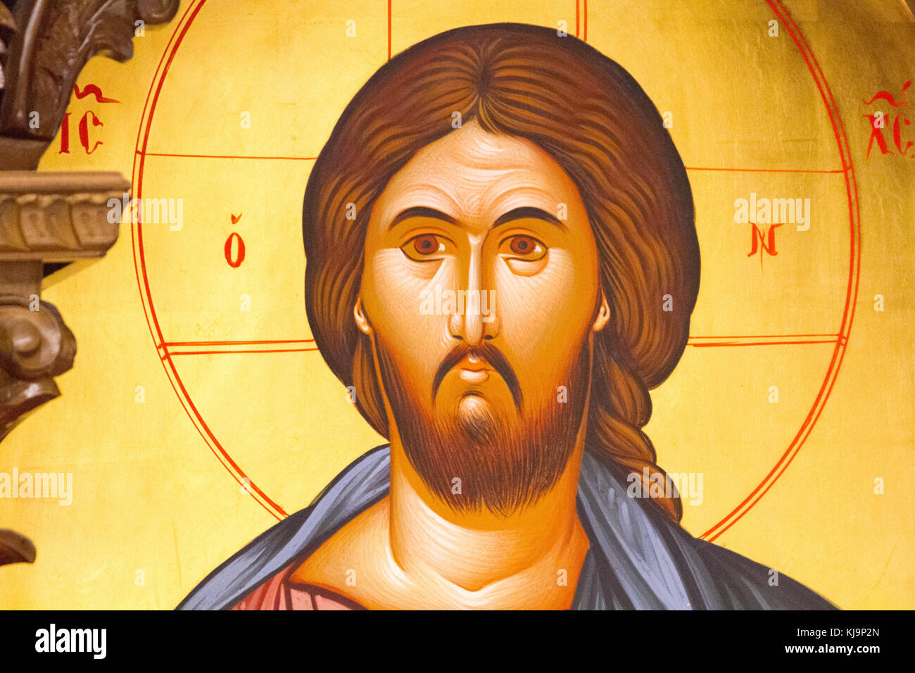 An icon of Jesus Christ the ruler of the world 'Pantocrator' in the Orthodox Chapel at the Brussels Zaventem Airport. Stock Photo